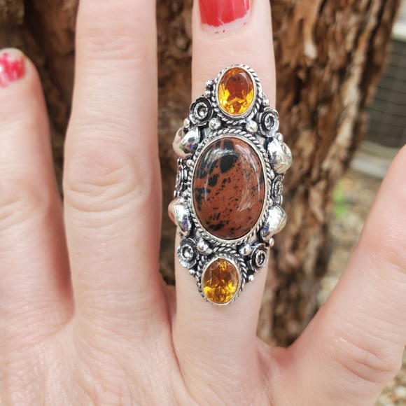 New Witchy Mahogany Obsidian & Citrine 925 Silver Statement Ring. - Picture 1 of 16